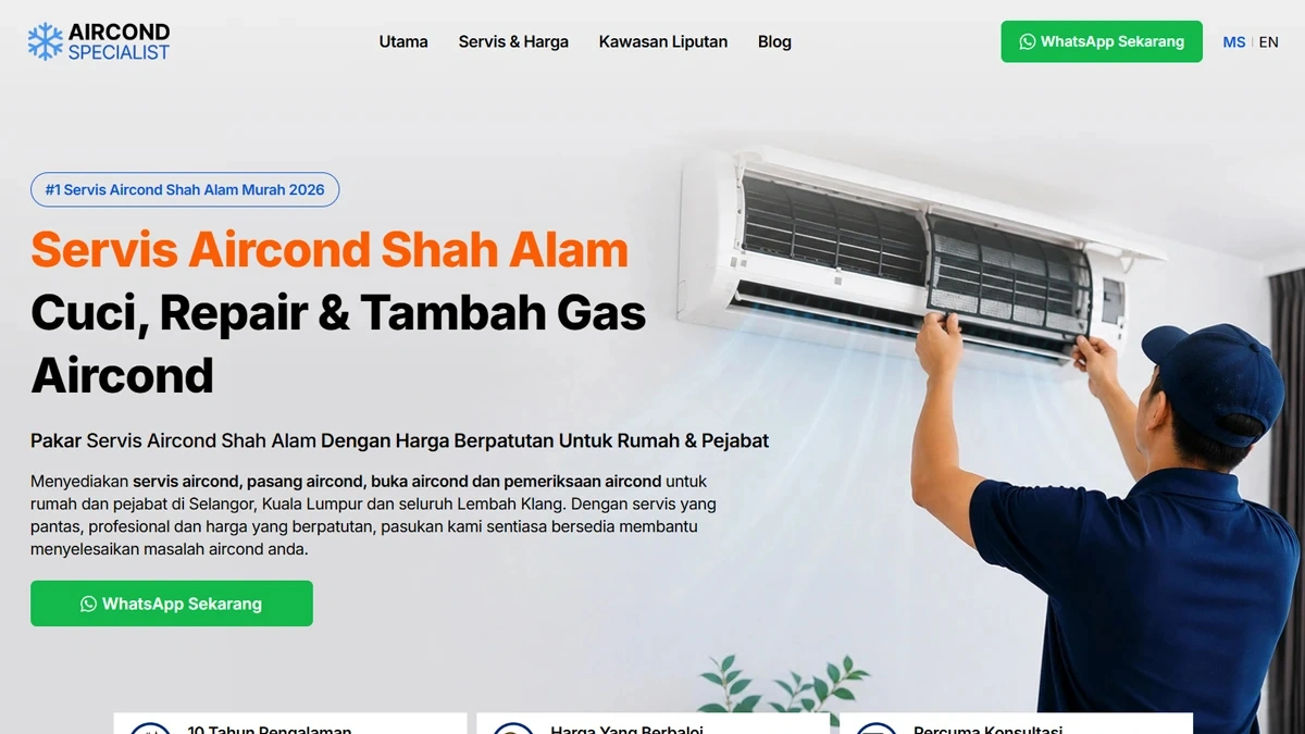 servis aircond landing page wordpress custom design