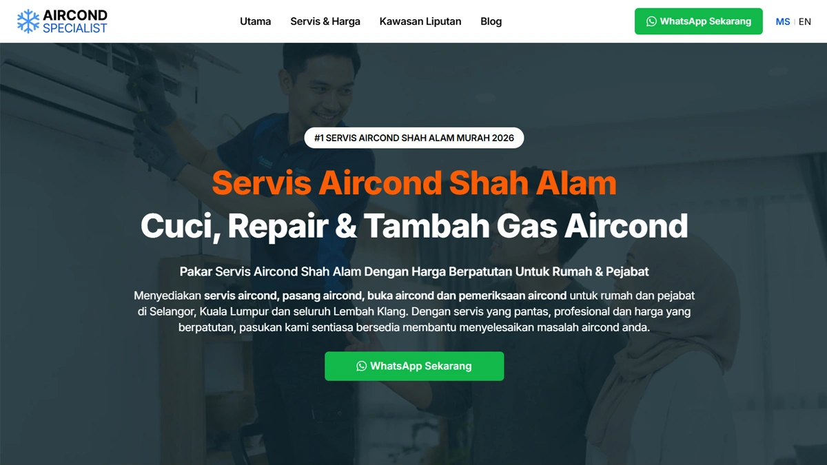 servis aircond landing page wordpress custom design